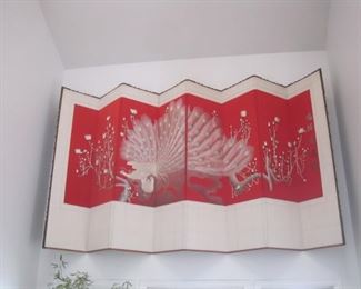 Eight Panel  Folding Screen 69 inches  high x 17 1/2 feet wide. Peacocks in satin and silk material.