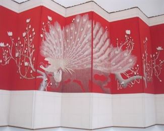 Eight Panel  Folding Screen 69 inches  high x 17 1/2 feet wide. Peacocks in satin and silk material.