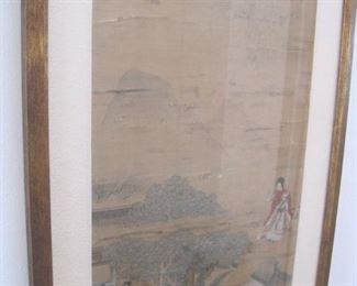 A pair of Chinese paintings each 54" high x 17" wide.Ink and pigments on silk. circa 1750.