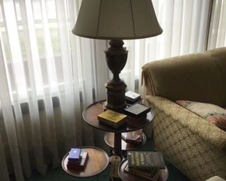 One of a pair oh painted green table lamps, vintage mahogany accent table and various treasures 