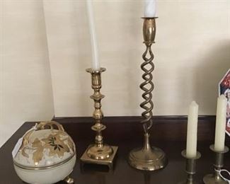 Various brass candlesticks and hand painted covered box
