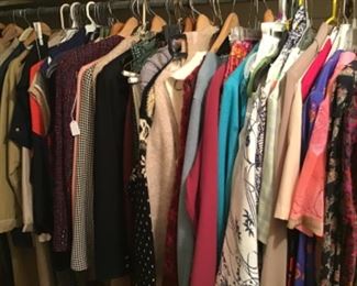 Mostly women’s cloths various coats, sweaters, kimonos, quilted skirt and blazers