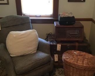 Vintage Club Chair, antique trunk, Philco table top radio