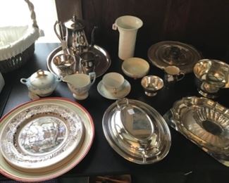 Silver plated serving pieces, porcelain trays and other vintage party pieces 