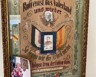 Antique Needle Point WW1  1914. Louisa's Mother made this for her father when he went to WW1. Louisa was 8yrs old!!.  Her Father's picture is in the middle of the Art Work!