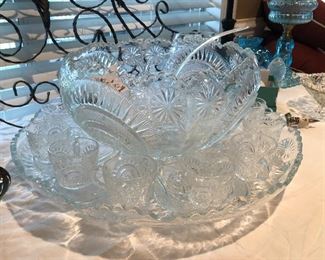 HUGE ANTIQUE PRESSED GLASS PUNCH BOWL SET 