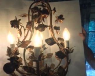 $175 Italian small brush brass pear shape chandelier with crystal 1960’s