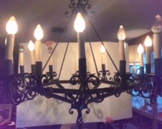 $195 Spanish iron chandelier - black - 1960’s - 10 arms, 16 lights