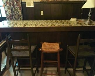 $295 bar Spanish tile top & 3 stools 83”L x 23 1/2”D x 41 1/2”H