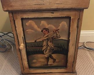 $60 - Small golf motif storage chest, measures 12" deep, 15" wide, 23" tall.