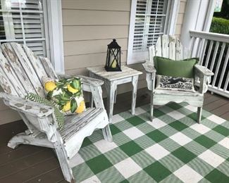 $165 EACH - Whitewashed Adirondack chairs; four available. Porch tables also available ($65 EACH).