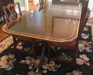 $750 - Council Craftsmen banded mahogany, oval dining table with six (6) chairs, two 24" leaves and pads; measures 104" long (with both leaves inserted) and 30" tall.