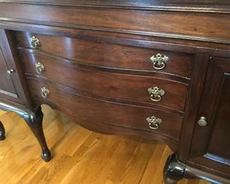 $575 - Close-up details of fabulous vintage mahogany sideboard with great storage; measures 23" deep, 66" wide, 44" tall. Also great if painted!