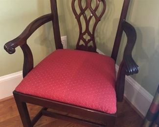 $750 - Council Craftsmen Chippendale-style  mahogany, oval dining arm chair. Dining group Includes six (6) chairs. Table comes with two 24" leaves and pads; measures 104" long (with both leaves inserted) and 30" tall.