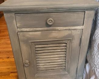 $225 - Gray faux-painted one-drawer/louvered-door night stand with wood knobs; measures 18" deep,  22" wide, 32" high.