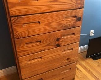 $175 - Pine five-drawer cargo bachelors' chest with inverted handles; measures 19" deep, 29" wide, 49" tall. Paint it!