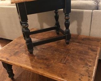 $300 - Rustic pine coffee table/black painted legs; $195 - rustic pine side table/black painted legs; both built by European Antique Pine Warehouse locally in Roswell, GA. 