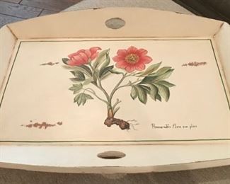 $125 - Large white-washed wooden tray with botanical in center.