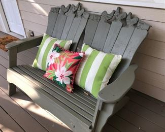 $225 - Gray custom bench with roosters and chickens atop.