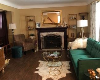. . . a nice "animal" rug, retro-style couch, mirror over the fireplace, and nice lamps -- notice the retro lamp near the couch.