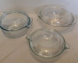 Lot #9 collection of 3 small covered glass casserole dishes, $12
