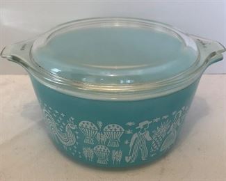 Lot #24 Super shiny Pyrex Amish Butterprint turquoise covered casserole, $16