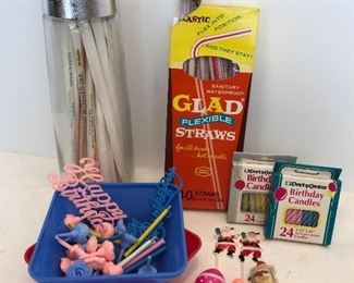 Lot #56, Straws with a container and many vintage cake decor, $14