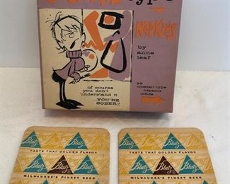 Lot #81, Two Blatz coasters and a box of cocktail napkins with funny sayings, $12/all