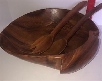 Lot # 149, Carved wood Salad bowl with utensils, $12