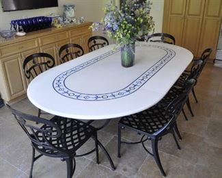 MARBLE TOP TABLE WITH INLAID MOSAIC WORK.  8 feet long by 4 feet 4 inches wide