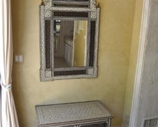 MOTHER OF PEARL INLAID CONSOLE TABLE AND MIRROR