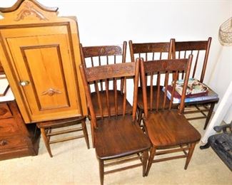 I believe these 6 chairs (and there's another one) are rosewood. Wood grain is stunning. The cabinet appears to be 19th C. all custom.