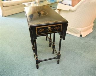 2. Drexel Black Lacquer Gate Leg Side Table  $95
Both ends finished; one drawer on either end. With leaves down it is 14” wide, 26” deep and 25” tall. With the leaves up and legs out it is 30.5” wide, 26” deep. Excellent condition.