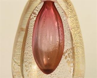6. Gandleman Hand-Blown Perfume Bottle  $55
Signed R. Gandleman 1992. Red/violet center cavity surrounded by clear glass, with a final dip into gold. Ground side and bottom. No chips or cracks. Dipper intact. 5.5” tall with stopper in. 2.5” wide/diameter