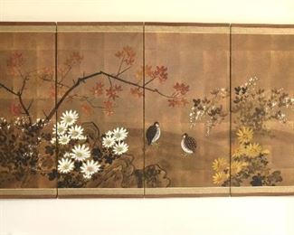 11. Japanese screen  $195
with white and yellow flowers, autumn leaves, quail(?).
73” wide, 36” tall, 1” thick. 