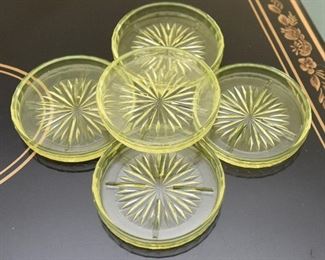 14. Five Vaseline/Uranium Glass 3.25” Coasters  $20
All in excellent condition with no chips or cracks
