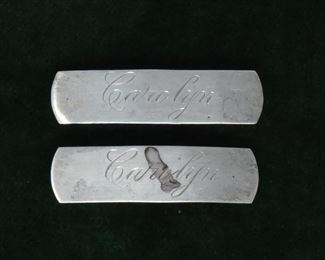 Jewelry 29: Two Sterling Silver Barrettes $20
Each is engraved with “Carolyn”. 2” long, .5” wide