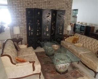 Asian themed living room furniture, screen, porcelain & etched glass table top