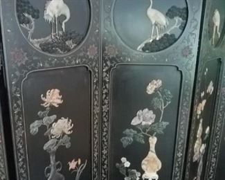 Nicest wall screen, room divider I can remember us selling. Black lacquer and mother of pearly inlay. Available for pre-sale @ $395