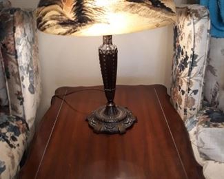 Beautiful table lamp beleive to be 20th Century Reverse Painted Pittsburg Lakes of Killarney Chipped Ice Table Lamp.   Rare lamp Company bankrupt 1926.  