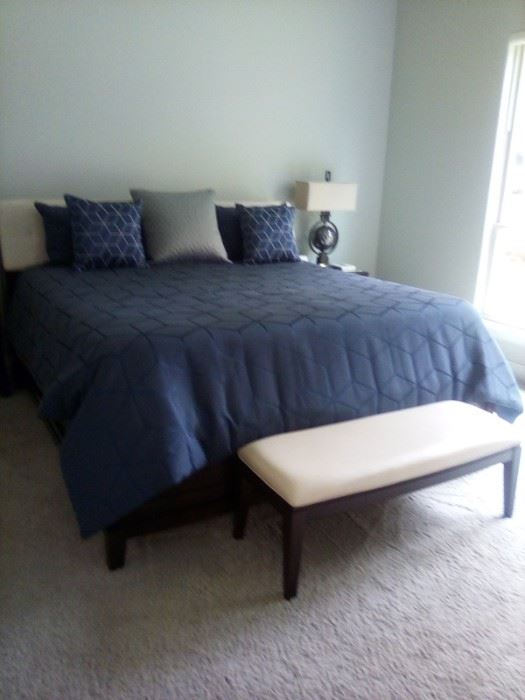 King size bedroom, bench, linens, mattress