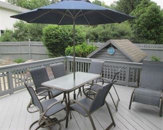 Telescope Casual 10 piece Patio set, 9' tilting Umbrella, Tempered glass Table 32" x 5'   $1,200.