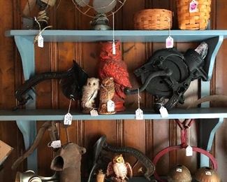 Vintage fans, baskets, grinders, cherry pitters, ice tongs, shallow well pump, owls, lightning rod balls