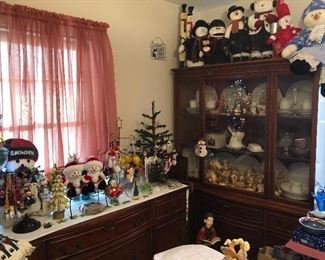 Buffet & china cabinet with china and happy snowmen!