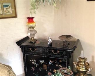 Asian chest; small green marble top table