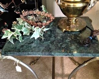 Small green marble top table with brass legs