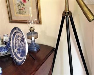 Side of drop-leaf table; handsome brass and wood telescope