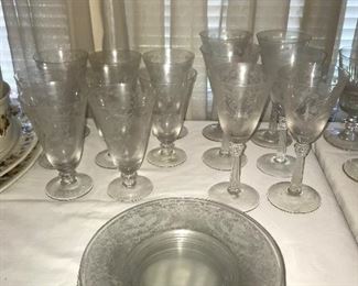 Fostoria “Shirley” goblets 60.00, iced teas 80.00, salad plates 40.00