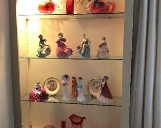 Selection of antique cranberry glass and Royal Douton figurines