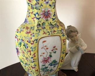 1 of a pair of Antique Chinese yellow porcelain lamps